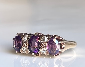 Amethyst Ring Victorian 14K Gold Amethyst Engagement Ring Diamond Three Stone Ring Engagement February Birthday Gift Dark Academia Aesthetic