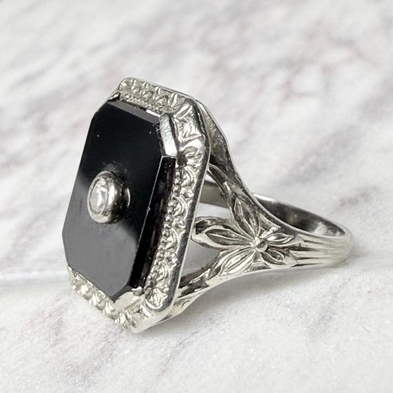 オニキスダイヤモンドリング 14K アールデコリング 14K ホワイト 