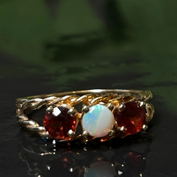 Opal Ring Garnet Opal Antique Engagement Ring, Antique Australian Opal Garnet Three Stone Ring 14K October Birthday Gift