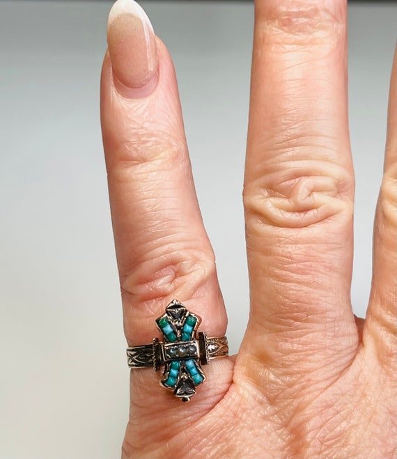 Turquoise Ring Victorian Ring 10k Antique 1800s R… - image 10