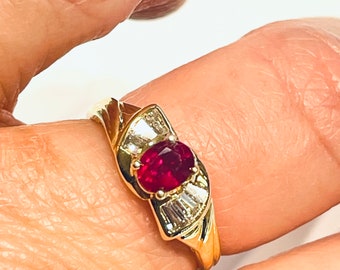 Ruby Ring 18K Yellow Gold Diamond Ruby Engagement Ring Natural Ruby July Birthday Gift for Her Birthstone Love Estate Jewelry