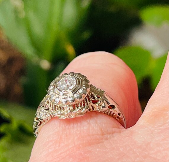Art Deco Diamond Ring 14K Filigree Diamond Filigr… - image 9