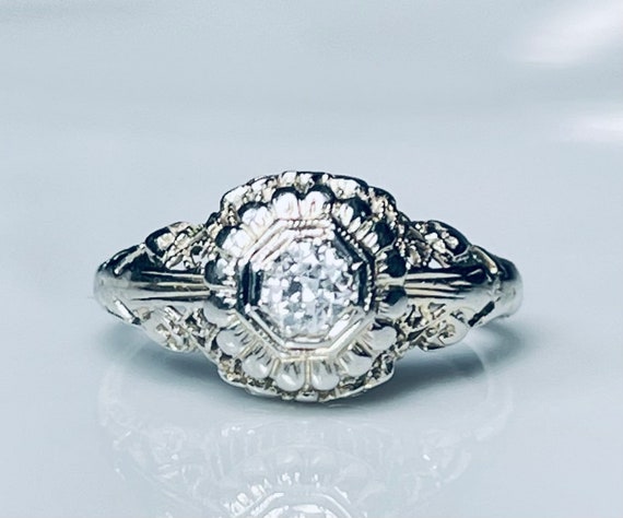Art Deco Diamond Ring 14K Filigree Diamond Filigr… - image 1