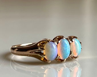 Opal Ring Australian Opal Victorian Ring 1800s Engagement Ring 10K Gold Opal Three Stone Ring October Gift Her Coastal Grandmother Aesthetic