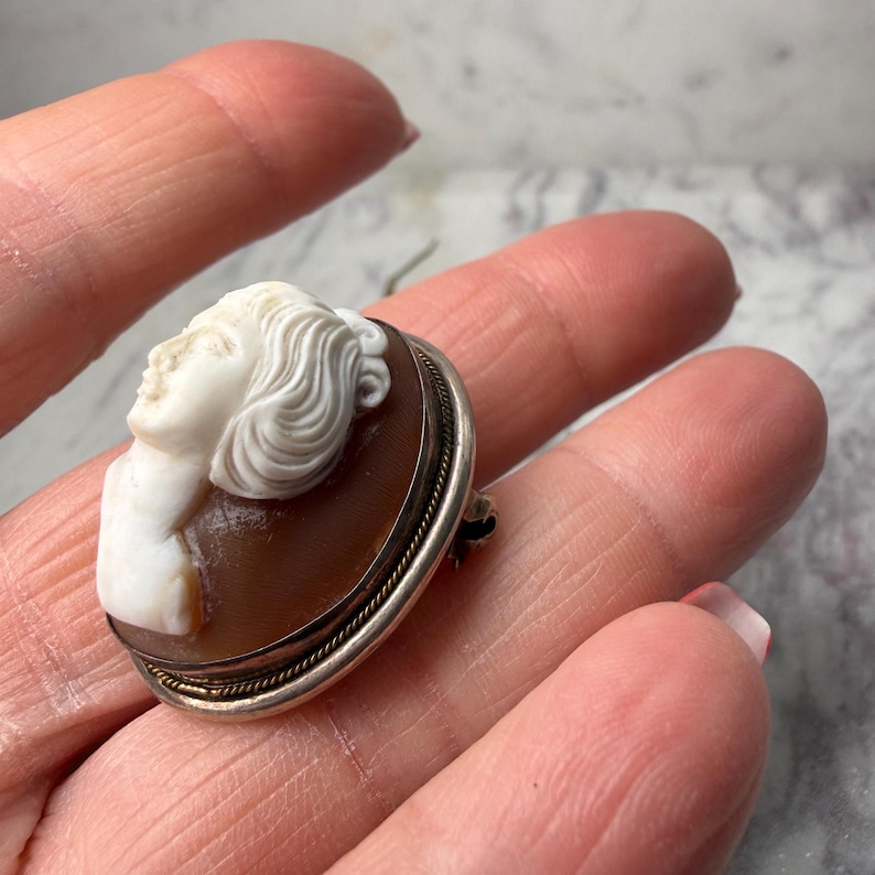 Puede incluir: Broche de camafeo ovalado con el perfil tallado de una mujer con cabello suelto. El camafeo est&aacute; engastado en un marco plateado con un borde de cuerda trenzada. El fondo es de color marr&oacute;n c&aacute;lido.