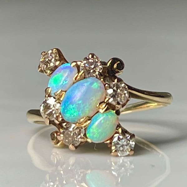 Opal Ring Old European Cut Diamond 14K Art Nouveau Natural Solid Australian Opal Engagement Ring Gift Fire Opal Mine Cut Victorian Jewelry