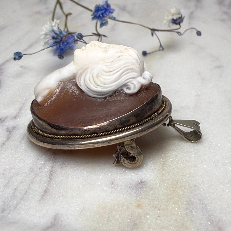 Puede incluir: Broche de camafeo vintage con un perfil tallado de una mujer con cabello suelto. El camafeo est&aacute; engastado en un marco plateado con un borde de cuerda dorada. El broche tiene un alfiler y un lazo para una cadena.