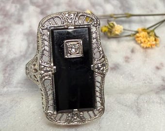 Art Deco Ring Onyx Ring 14K Diamond Ring White Gold Filigree Ring 1920s Vintage Rings Unique Engagement Ring Gifts for Women Old Cut Diamond