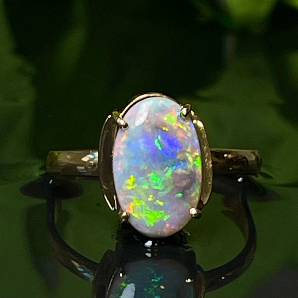 Semi Black Opal Ring 14K Yellow Gold Genuine Australian Opal Ring Engagement Ring Oval Mid Century Modern Semi Black Opal Gold Gift for Her