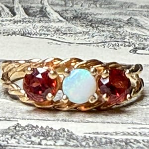 Opal Ring Garnet Opal Antique Engagement Ring, Antique Australian Opal Garnet Three Stone Ring 10K October Birthday Gift
