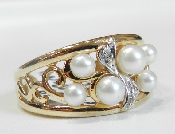 Pearl Ring 14K Diamond Ring Pearl Ring Diamond Eng
