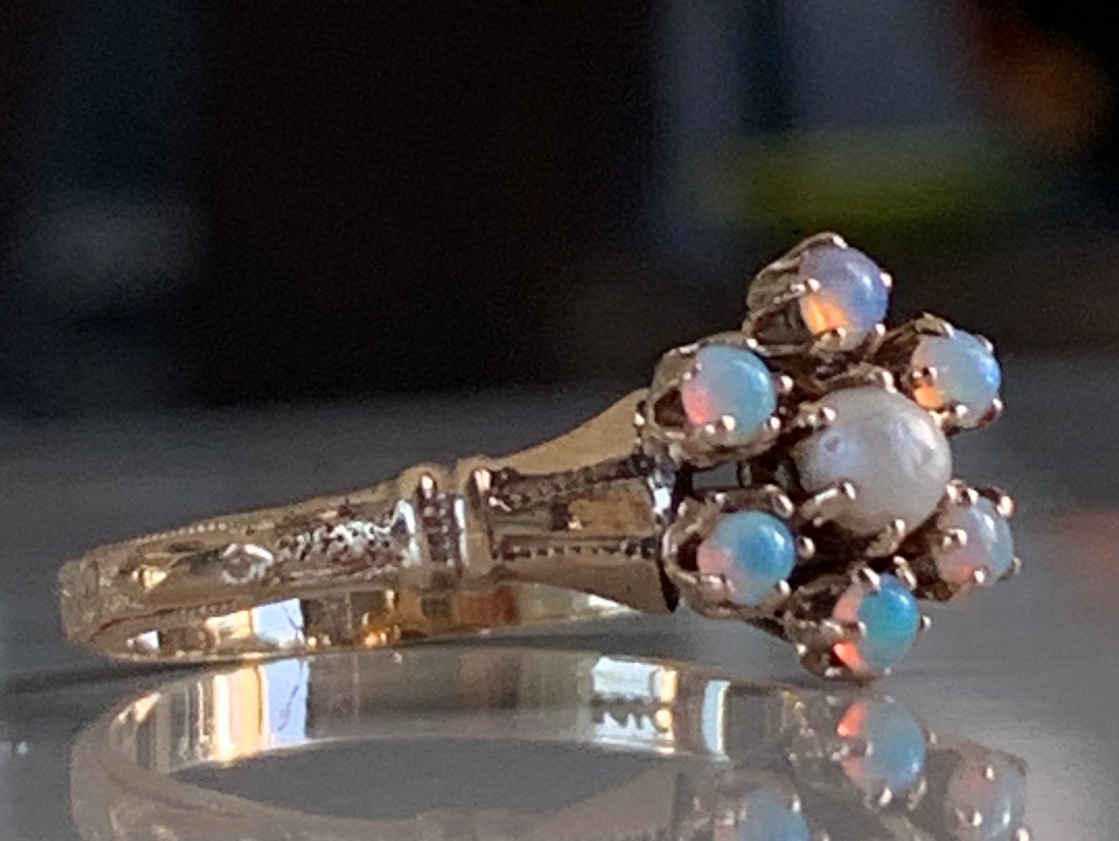 Opal Ring Natural Pearl 14k Antique Australian Opal Pearl Ring