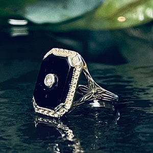 Onyx Ring Diamantring 14K Art Deco Ring 14K Weißgold Filigranring 1920er Jahre Ring Edwardian Ring Unikat Verlobungsring Geschenk Altschliff