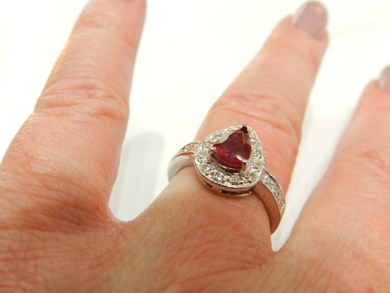 Ruby Ring 18K Pear Cut 1.15 Ct Ruby Diamond Halo … - image 4