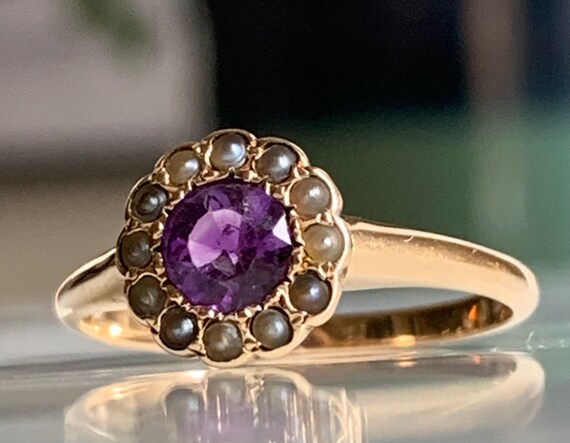 Amethyst Seed Pearl Ring 14K Victorian Ring Pearl… - image 3