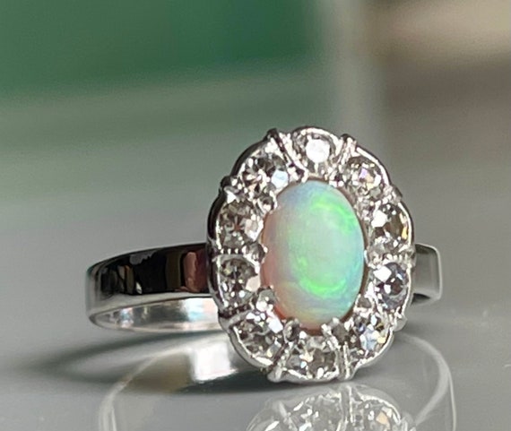 Opal Ring 14K Engagement Mine Cut Diamond Opal Ri… - image 4