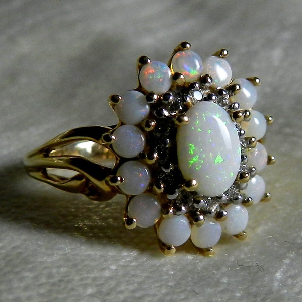 Hold for H, 2nd of 3 payments, Opal Ring, Vintage Diamond Halo Australian Opal Engagement Ring 14K gold