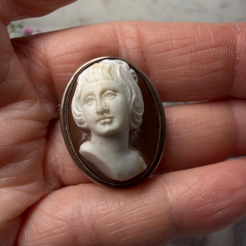 Puede incluir: Broche de camafeo ovalado con un retrato en relieve blanco de una mujer con pelo corto, sobre un fondo marr&oacute;n. El camafeo est&aacute; enmarcado por un borde de metal plateado. Una joya cl&aacute;sica.