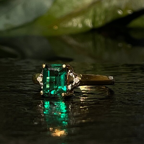 Emerald Ring 10K Lab Created Emerald Genuine Diamond Vintage Emerald Cut Emerald Gift for Her Holiday