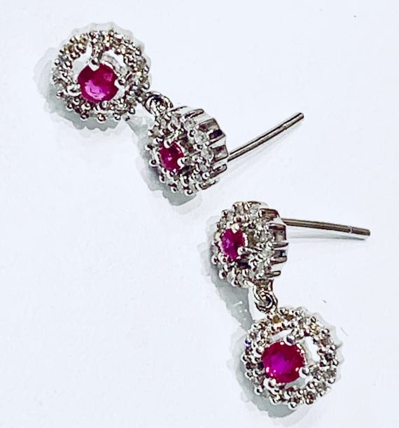 Ruby Earrings 14K White Gold Diamond Ruby Dangle E