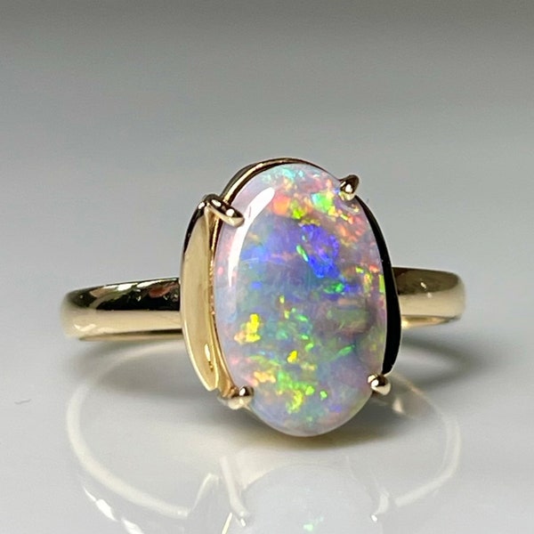 Opal Ring Semi Black Opal Ring 14K Yellow Gold Genuine Australian Opal Engagement Ring Oval Black Opal Gold Gift for Her