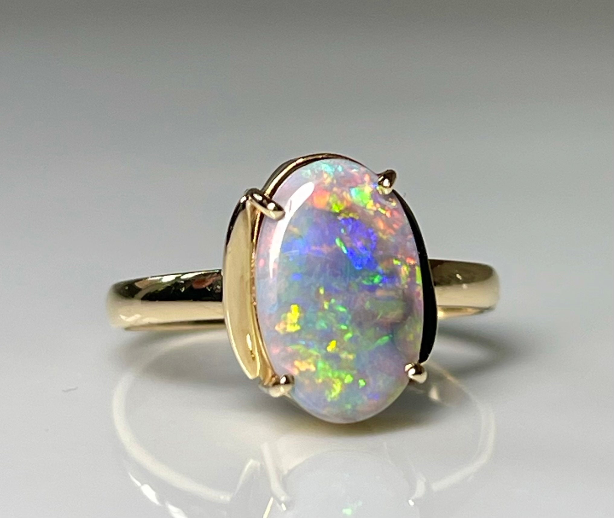 Opal Ring Semi Black Opal Ring 14K Yellow Gold Genuine Australian Opal Engagement Ring Oval Black Opal Gold Gift for Her