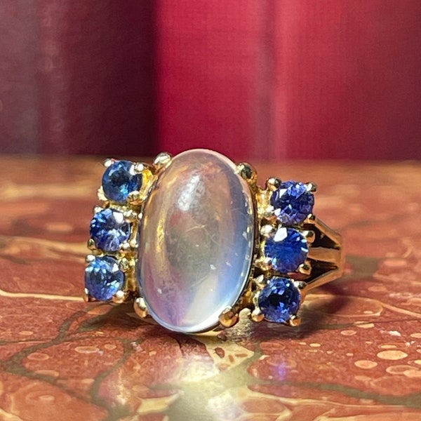 Moonstone Ring 14K Yellow Gold Blue Sapphire Ring Vintage Sugarloaf Cabochon Cut Moonstone Vintage Engagement Ring Wabi Sabi Dark Academia