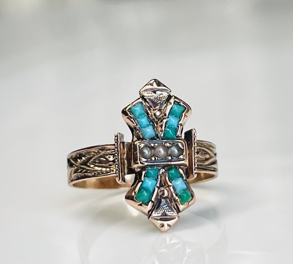 Turquoise Ring Victorian Ring 10k Antique 1800s R… - image 2