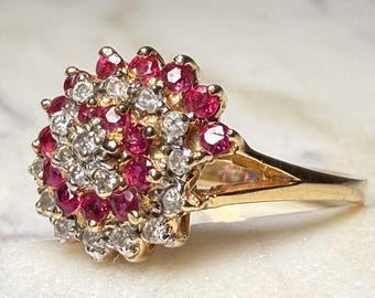 Anillo de rubí con torbellino cósmico celestial, diamante galáctico de 14 quilates, rubí natural, anillo de compromiso espacial de julio, regalo de cumpleaños de julio para esposa.