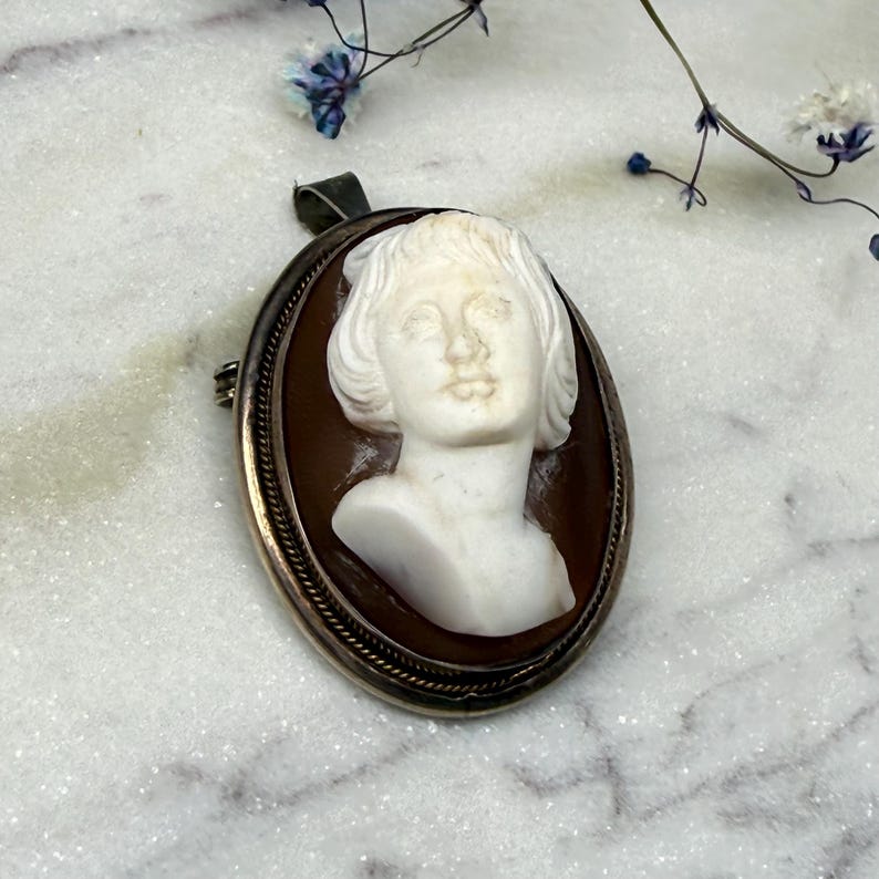 Puede incluir: Colgante de camafeo ovalado con un busto blanco tallado de una mujer sobre un fondo marr&oacute;n. El colgante tiene un marco plateado con un borde decorativo y una argolla para una cadena. Una joya cl&aacute;sica.