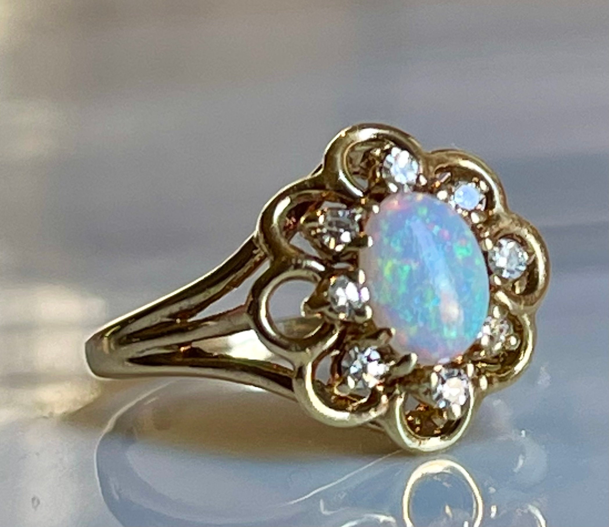 Opal Diamond Ring 14k Vintage Australian Opal Diamond Vintage Engagement Ring Mid Century October Libra Birthday Giftsthumbnail