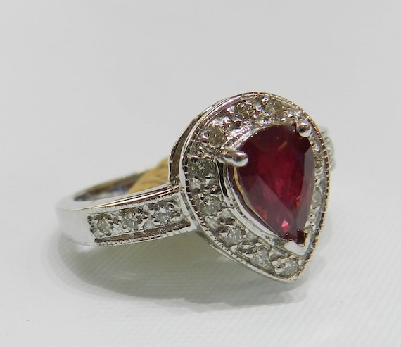 Ruby Ring 18K Pear Cut 1.15 Ct Ruby Diamond Halo … - image 2