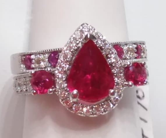 Ruby Ring 18K Engagement Ring Pear Ruby Diamond E… - image 2
