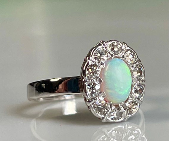 Opal Ring 14K Engagement Mine Cut Diamond Opal Ri… - image 9