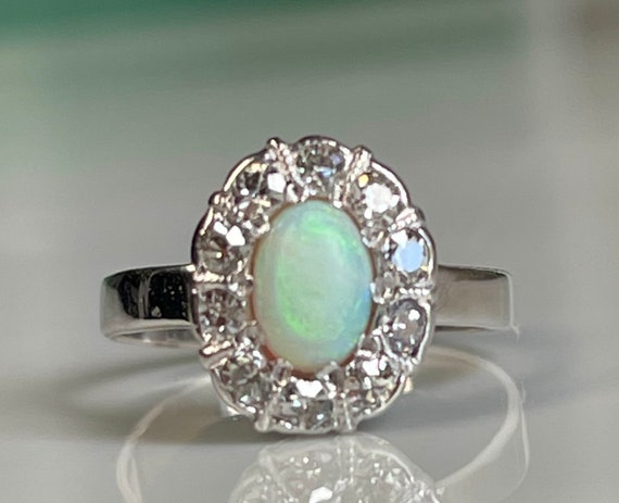 Opal Ring 14K Engagement Mine Cut Diamond Opal Ri… - image 10