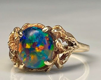 Black Opal Ring Lab Created 14k Gold Vintage Antique Opal Jewelry