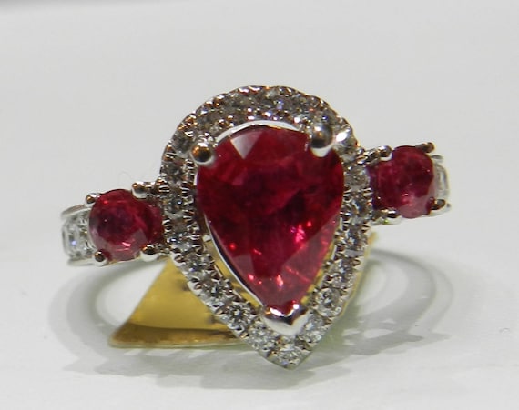 Ruby Ring 18K Engagement Ring Pear Ruby Diamond E… - image 3