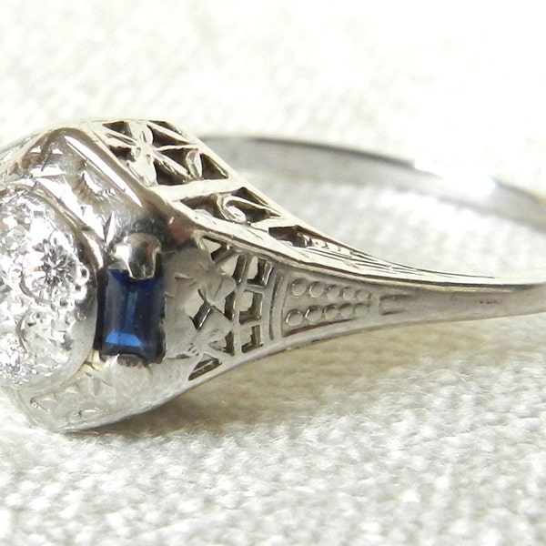 Antique Engagement Ring Art Deco Filigree Diamond Sapphire Engagement Ring 1920s 14K White Gold