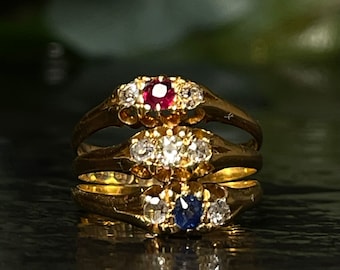 Sapphire Ring 18K 1890 Birmingham Full Hallmarks Patriotic Ring Ruby Ring Mine Cut Diamond Cushion Blue Sapphire Red White Blue Stacking