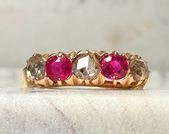 Anillo antiguo de rubí, anillo de diamantes talla rosa, alianza de boda victoriana de 14 quilates, anillo antiguo de oro amarillo de 14 quilates, anillo de compromiso vintage de la década de 1800, regalo de julio para la esposa.