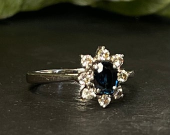 Sapphire Ring Natural Blue Sapphire Engagement Ring 14k Diamond Halo Cushion Cut Sapphire Alternative White Gold Engagement