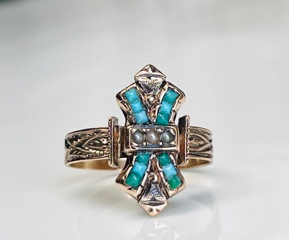 Turquoise Ring Victorian Ring 10k Antique 1800s R… - image 3