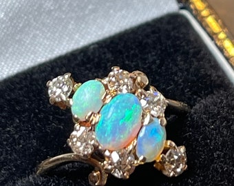 Opal Ring Old European Cut Diamond 14K Art Nouveau Natural Solid Australian Opal Engagement Ring Gift Fire Opal Mine Cut Victorian Jewelry