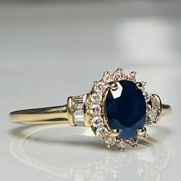 Sapphire Ring Vintage Blue Sapphire Ring, Sapphire Diamond Halo Engagement Ring 10K Gift for Her Vintage Rings Estate Jewelry