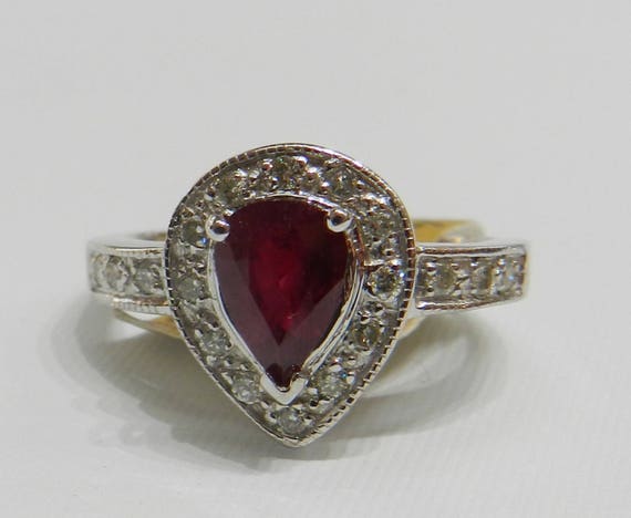 Ruby Ring 18K Pear Cut 1.15 Ct Ruby Diamond Halo … - image 3