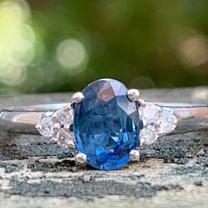 Sapphire Ring Engagement Ring 14K White Gold 1 Carat Genuine Sapphire Diamond Vintage Ring September Birthday Gift for Her December