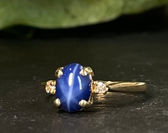 Star Sapphire Ring Diamond 14K Sapphire Genuine Lab Created Blue Sapphire Sapphire Ring Cabochon Ring 14K Art Deco Jewelry Gifts for Her