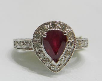 Ruby Ring 18K Pear Cut 1.15 Ct Ruby Diamond Halo Engagement Ring Vintage Ruby July Birthday Gift Present for Women Estate Jewelry