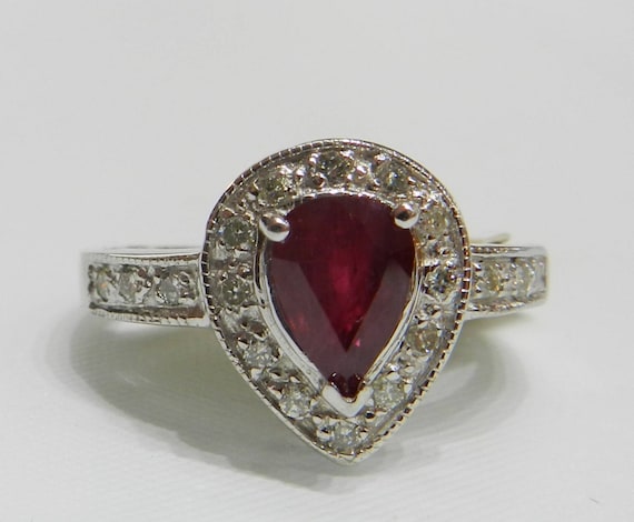 Ruby Ring 18K Pear Cut 1.15 Ct Ruby Diamond Halo … - image 1