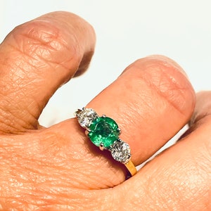 Emerald Ring 18K Yellow Gold Diamond Emerald Engagement Ring Vintage Emerald Diamond Ring Colombian Emerald Three Stone Ring Gift